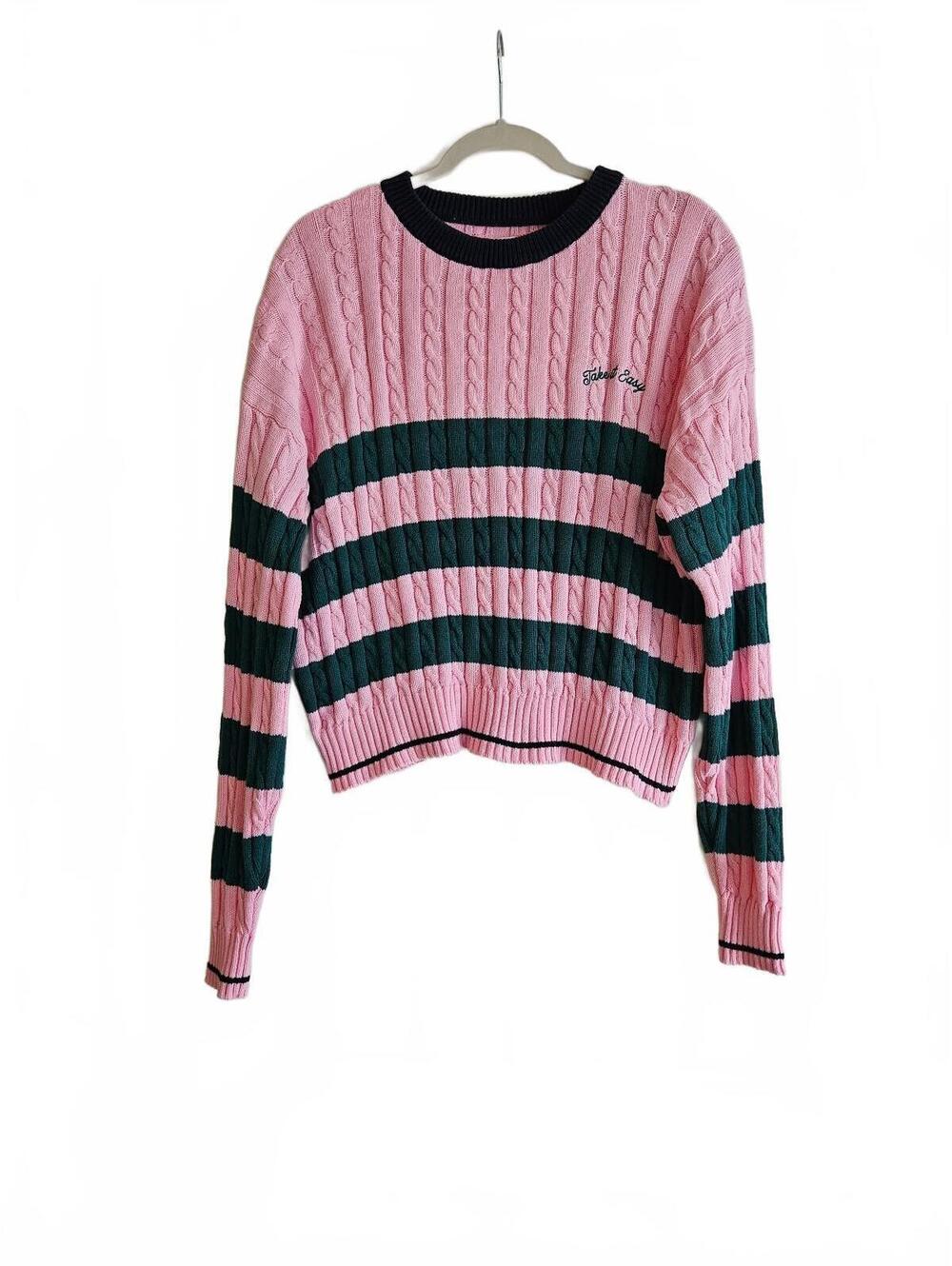 All In Motion Pink and Green Striped Cropped Cable Knit Pullover Sweater-Medium